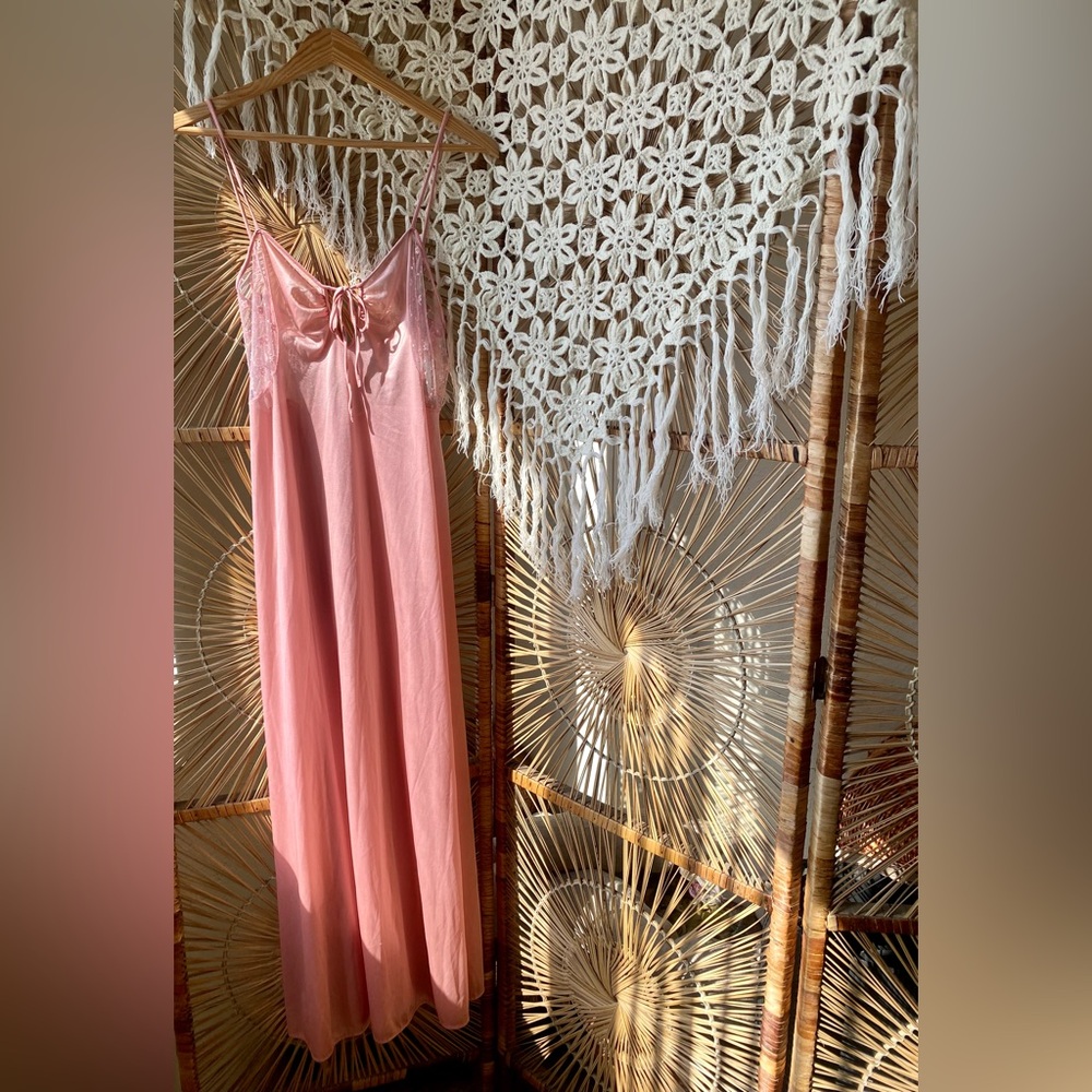 Vintage 70s Pink Nightgown with Sheer Floral Lace and Keyhole The Fashion Place